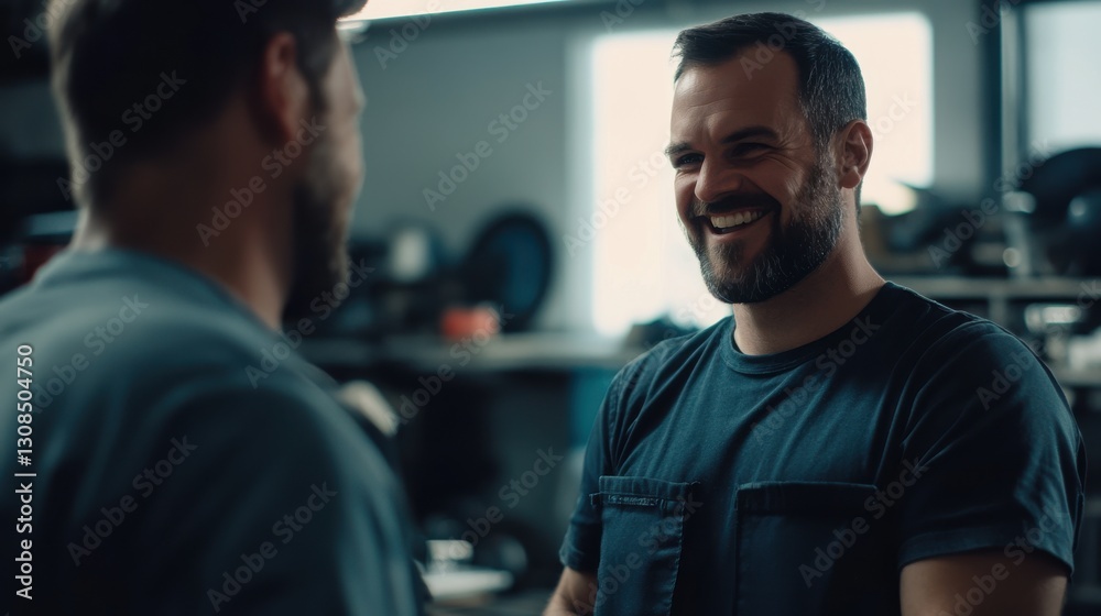 Smiling Mechanic Talking to Colleague in Workshop
Smiling Mechanic Talking to Colleague in Workshop