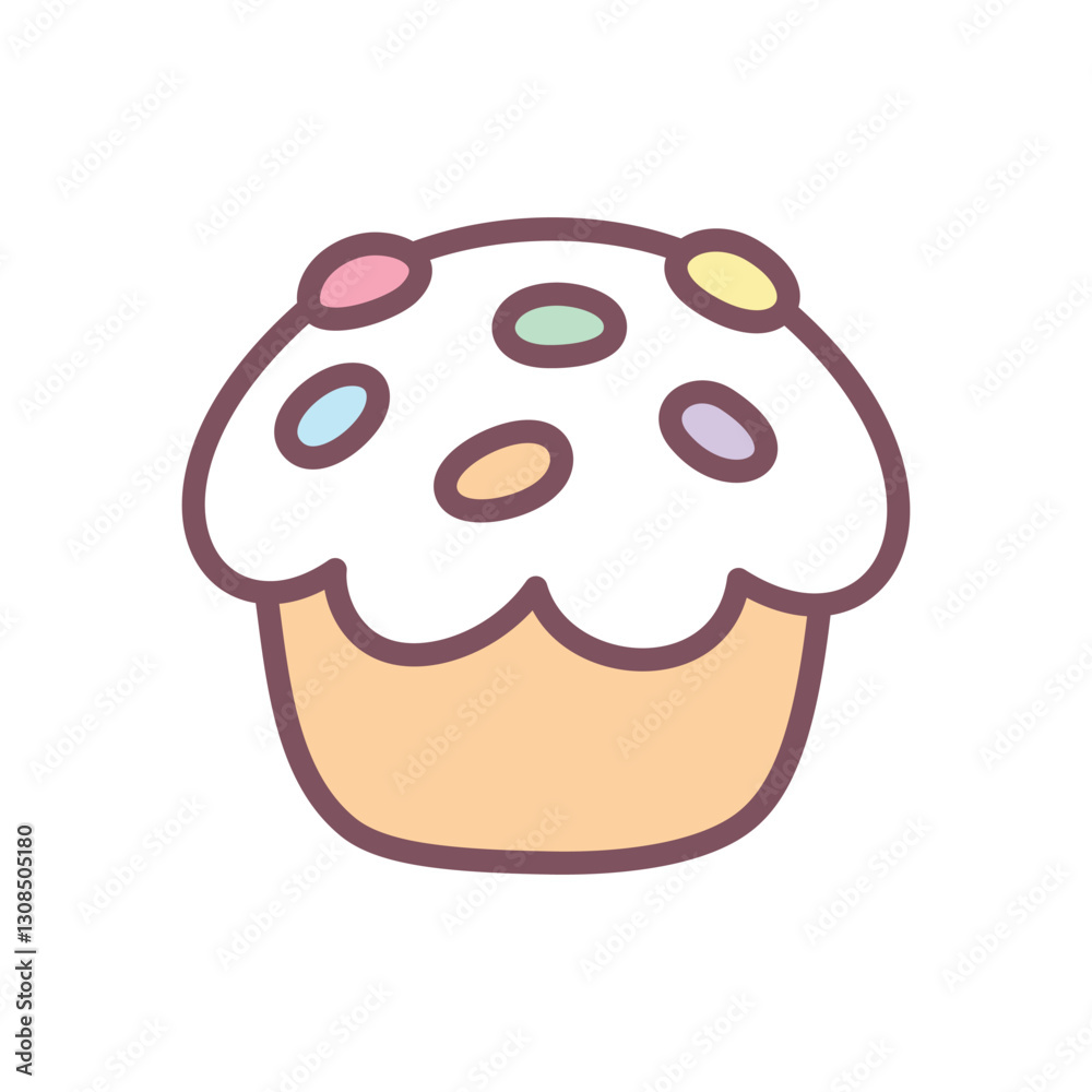 Cute Easter cupcake icon. Hand drawn illustration of a sweet muffin decorated with glaze and colorful sprinkles isolated on a white background. Kawaii spring sticker. Vector 10 EPS. Cute Easter cupcake icon. Hand drawn illustration of a sweet muffin decorated with glaze and colorful sprinkles isolated on a white background. Kawaii spring sticker. Vector 10 EPS.