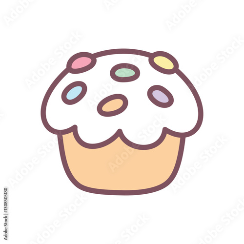 Cute Easter cupcake icon. Hand drawn illustration of a sweet muffin decorated with glaze and colorful sprinkles isolated on a white background. Kawaii spring sticker. Vector 10 EPS.