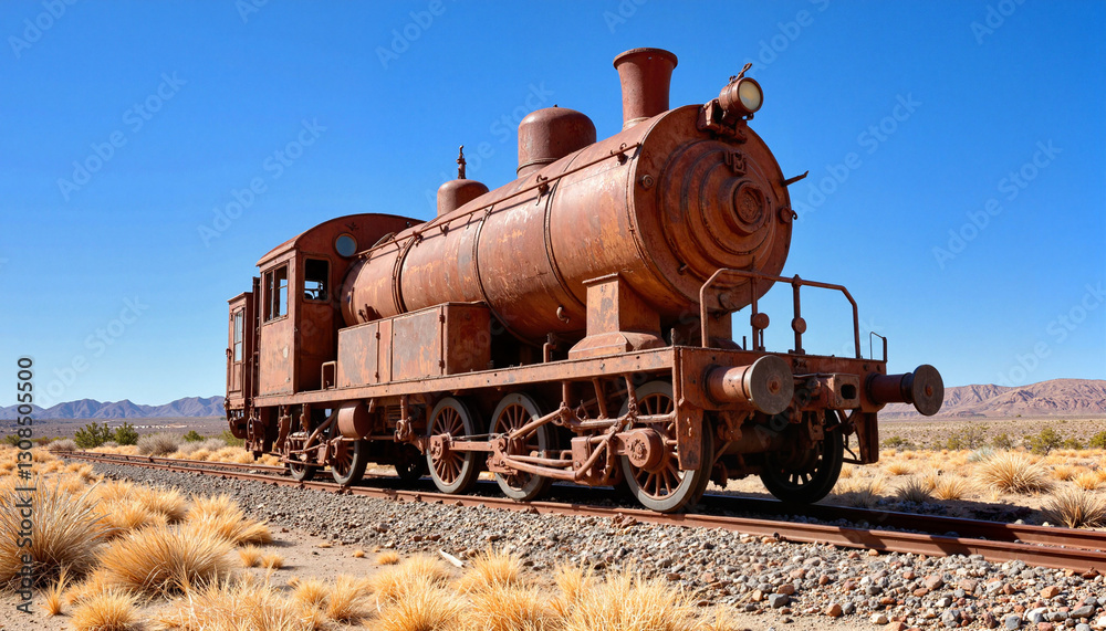 Naklejka premium Rusty abandoned train in desert landscape under clear blue skies