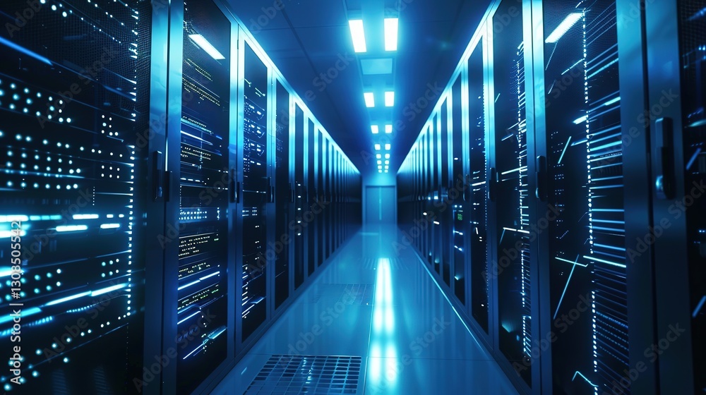 Futuristic supercomputer with glowing blue lights in a high-tech minimalist environment, showcasing advanced technology and innovation with ample copy space for design. Futuristic supercomputer with glowing blue lights in a high-tech minimalist environment, showcasing advanced technology and innovation with ample copy space for design.