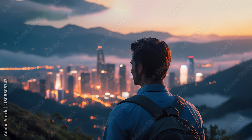 Fototapeta premium Cinematic 4K Film Shot of a Man Gazing at a Sunset Over Foggy Mountains and a Cityscape