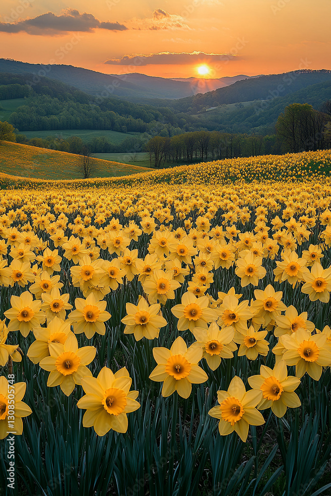 Fototapeta premium Golden Daffodils Blanket Rolling Hills Under a Serene Sunset Panorama