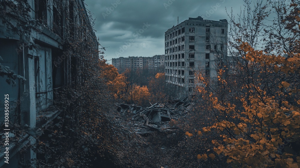 Overgrown ruins of destroyed buildings in a city, autumn foliage. Overgrown ruins of destroyed buildings in a city, autumn foliage.