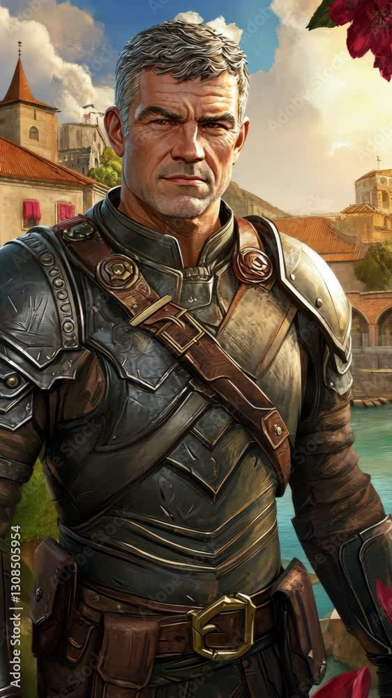 Rugged warrior stands confidently near tranquil waters in a medieval village setting during golden hour Rugged warrior stands confidently near tranquil waters in a medieval village setting during golden hour