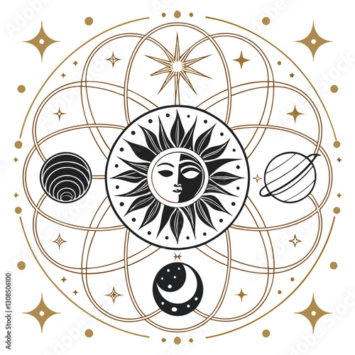 Celestial mandala sun and moon faces planetary orbits sacred geometry mystical symbols gold accents intricate linework cosmic design black and white illustration