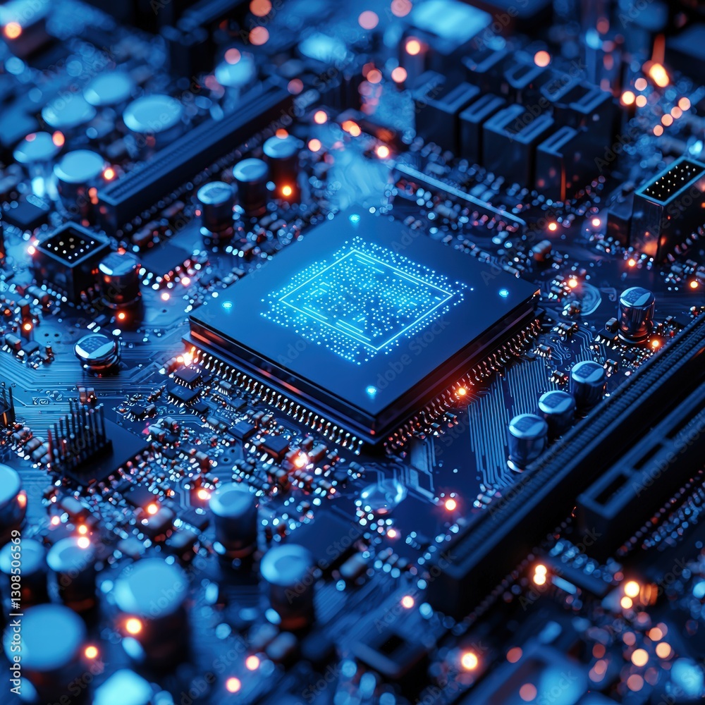 Fototapeta premium Detailed close-up of a computer chip highlighting its intricate design and high-tech components