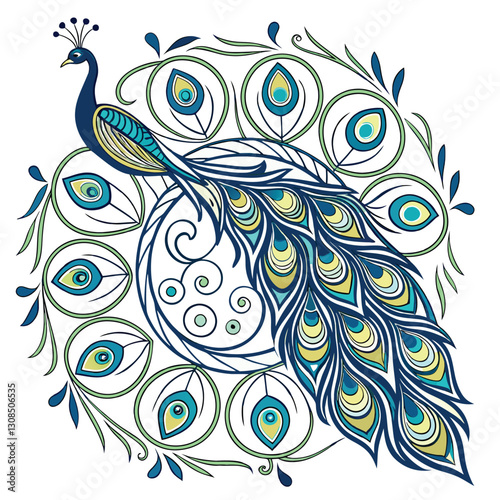 Stylized peacock illustration folk art design circular composition ornate feather pattern vibrant blue and green hues white background