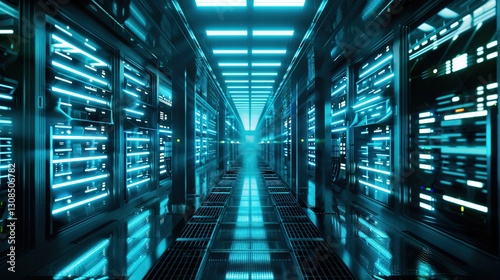 Futuristic supercomputer with glowing blue lights in a high-tech minimalist environment, showcasing advanced technology and innovation with ample copy space for design.