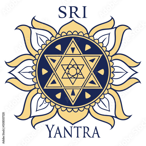 Intricate geometric yantra design Sri Yantra symbol Star of David sacred geometry golden petals navy blue circular background