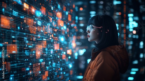 Wallpaper Mural Futuristic data interaction woman engaged with digital displays high-tech environment urban setting close-up view concept of innovation Torontodigital.ca