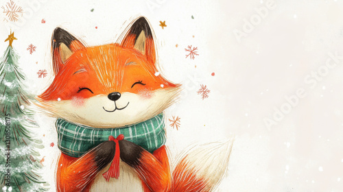 Cute fox with scarf and Christmas tree