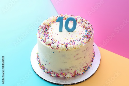 Colorful pastel background, cake for tenth birthday.