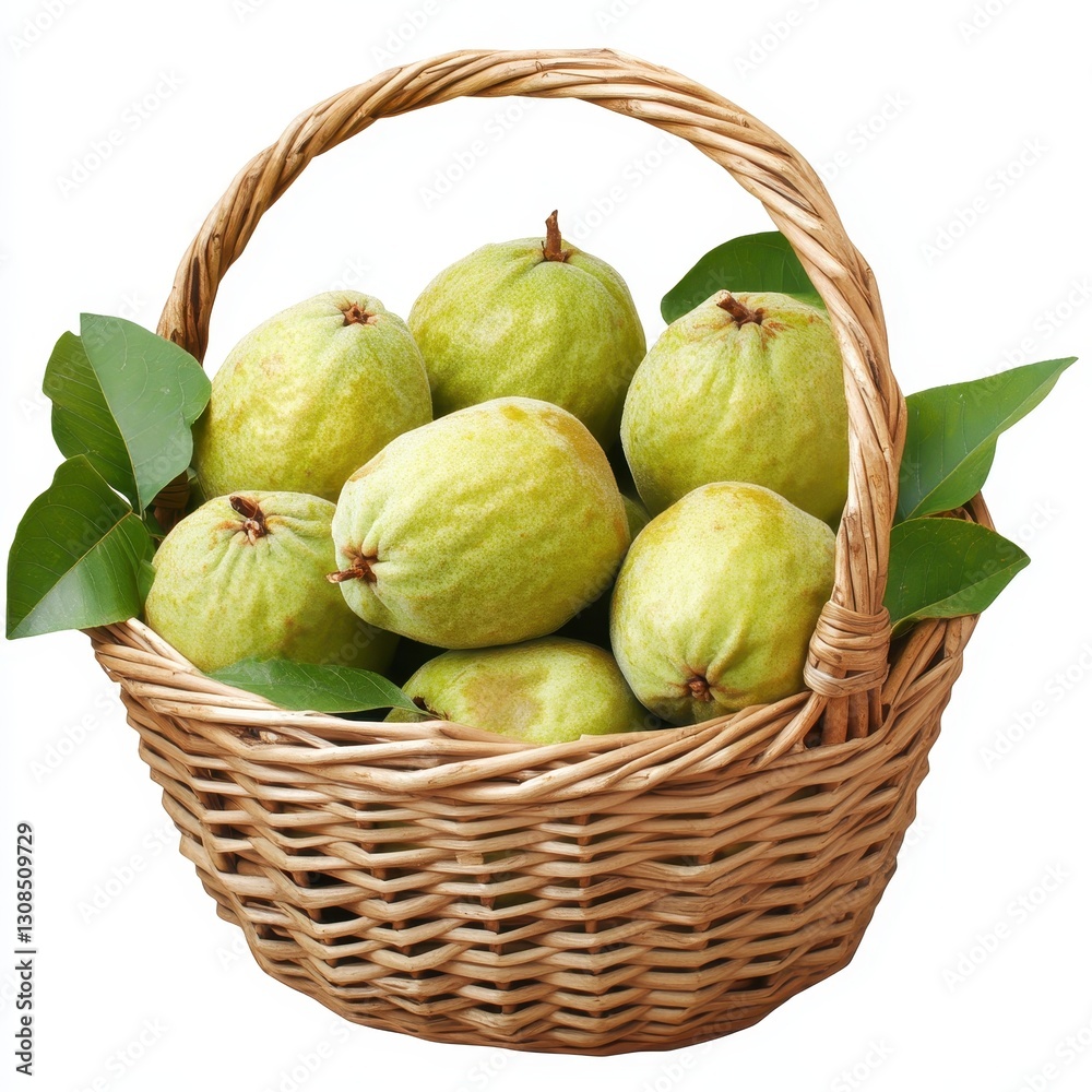 Fresh Green Guavas in a Woven Basket Surrounded by Lush Green Leaves Fresh Green Guavas in a Woven Basket Surrounded by Lush Green Leaves