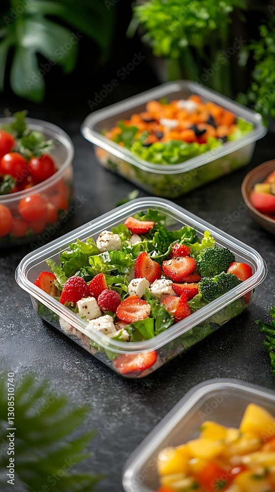 Healthy salad containers on dark surface Healthy salad containers on dark surface
