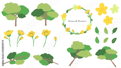 Fresh green trees and leaves, cute hand drawn illustration set with textures / 新緑の爽やかな木と葉、テクスチャのあるかわいい手描きイラストセット
