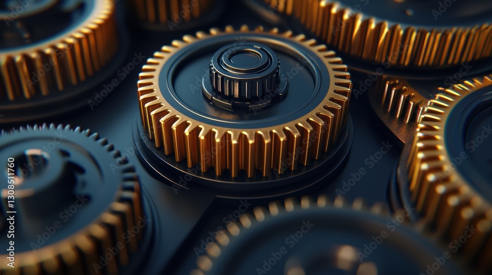 Intricate Close-up of Metallic Gears with Golden Highlights and Smooth Surfaces in a Mechanism Intricate Close-up of Metallic Gears with Golden Highlights and Smooth Surfaces in a Mechanism