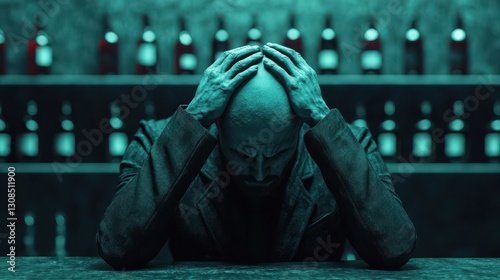 Man with Bald Head Holding His Head in Dispair in Dimly Lit Bar Surrounded by Bottles of Alcohol
