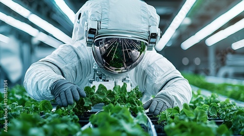 Astronaut Cultivating Plants in a Futuristic Indoor Garden with Advanced Technology and Hydroponics System