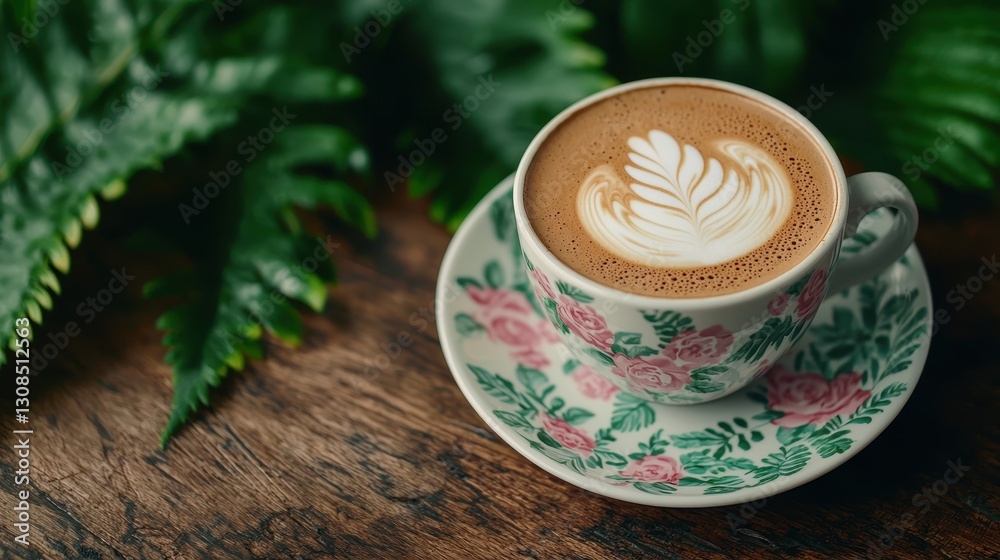 Beautiful Latte Art in Floral Cup Surrounded by Greenery on Rustic Wooden Table Beautiful Latte Art in Floral Cup Surrounded by Greenery on Rustic Wooden Table