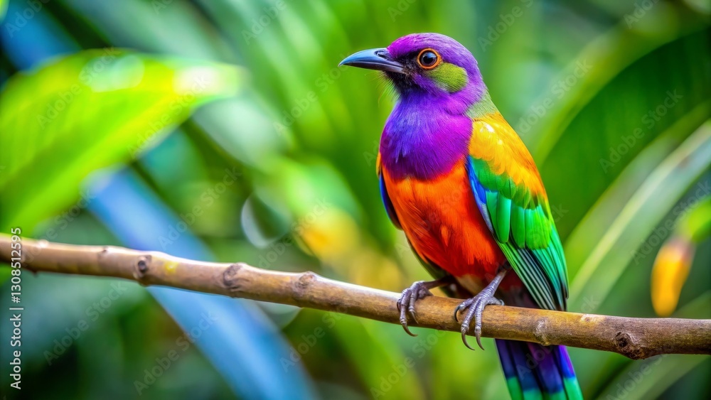 Vibrant Plumage of a Tropical Bird Perched on a Branch in Lush Foliage Vibrant Plumage of a Tropical Bird Perched on a Branch in Lush Foliage