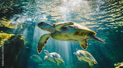 Underwater sea turtle gracefully swimming in sunlit ocean, other turtles visible below.