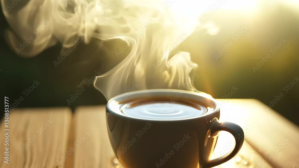 Steaming Cup of Coffee in Warm Morning Sunlight