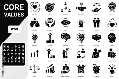 Core value icon collection. Passion, innovative, accountability, diversity, exceptional, goal etc. Solid icons set.