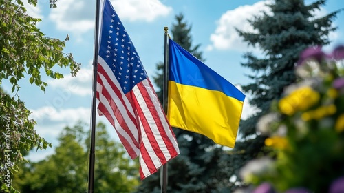 Symbol of diplomacy  usa and ukraine flags united in a political context, signifying cooperation photo