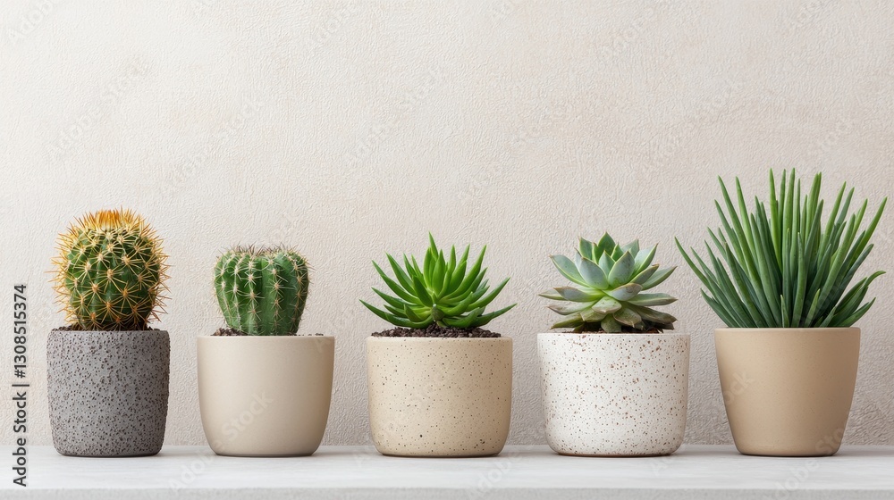Fototapeta premium Assorted Cacti and Succulents in Minimalist Pots on a Neutral Background for Home Decor and Gardening