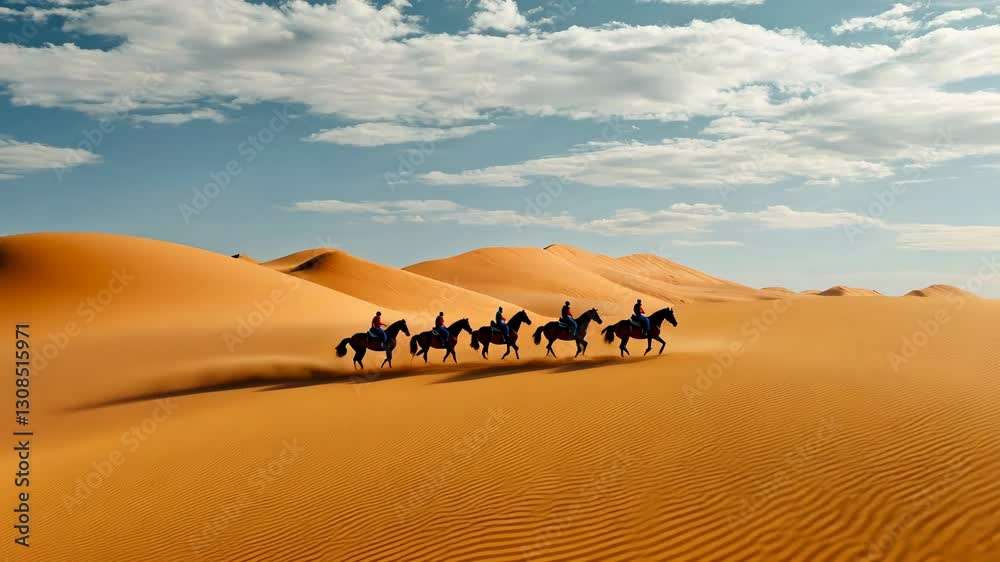 A cinematic wide-angle shot captures a line of riders on horseback traversing vast desert dunes under a cloudy sky, evoking an epic adventure video. Live desktop wallpaper.