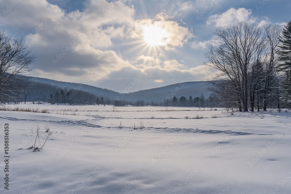 Sun shining through clouds over snowy valley landscape. Sun shining through clouds over snowy valley landscape.