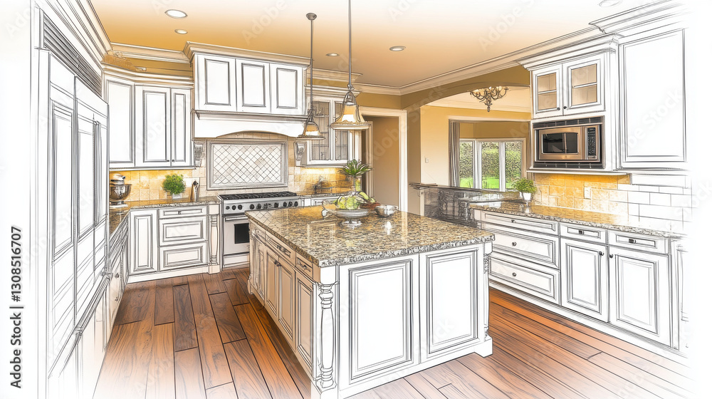 Fototapeta premium beautifully designed kitchen featuring large island, granite countertops, and elegant cabinetry. warm lighting enhances inviting atmosphere, perfect for cooking and entertaining