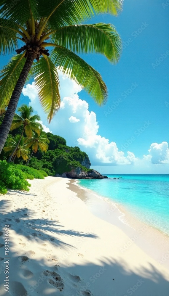 Obraz premium Sun-drenched white sand beach, turquoise ocean, lush palms , caribbean, summer, nature