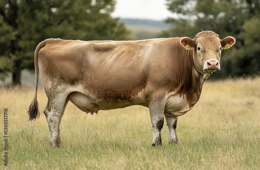 A light brown cow with white markings stands in a grassy field. A light brown cow with white markings stands in a grassy field.