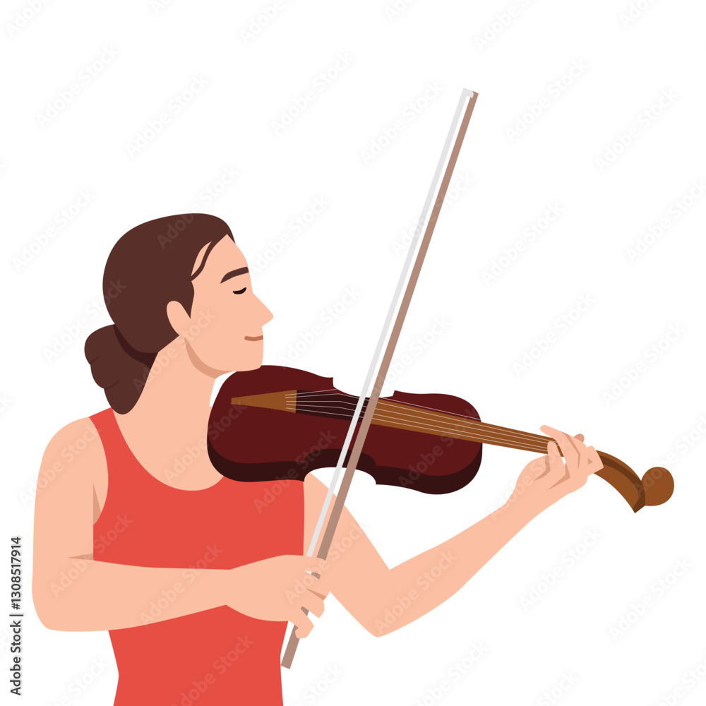 Focused musician gracefully plays the violin, fully immersed in the rhythm and melody of the music. Flat vector illustration isolated on white background Focused musician gracefully plays the violin, fully immersed in the rhythm and melody of the music. Flat vector illustration isolated on white background