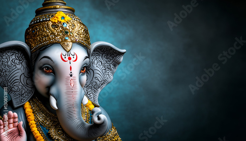 A beautifully detailed sculpture of Lord Ganesha, adorned with intricate decorations and vibrant colors, set against a softly blurred blue background.