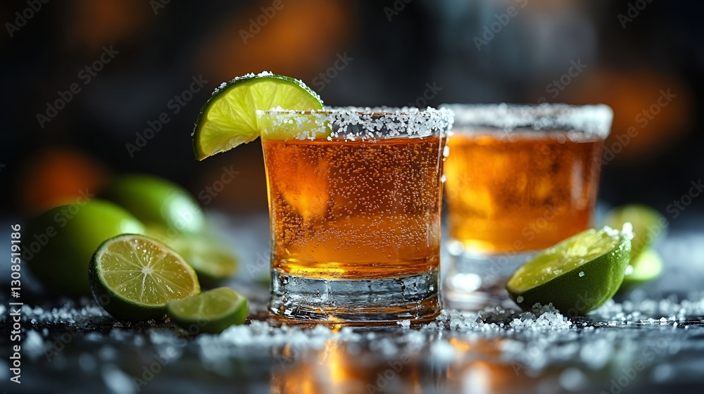 Tequila shots with salt rim and lime wedges, cocktail art, refreshing beverage, mixology presentation Tequila shots with salt rim and lime wedges, cocktail art, refreshing beverage, mixology presentation