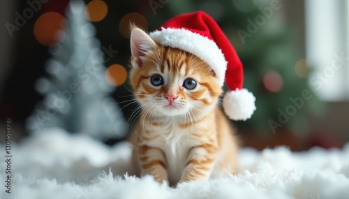 Tiny kitten, red & white fur, Christmas hat, silver tree backdrop , kittenchristmas, pet, cat