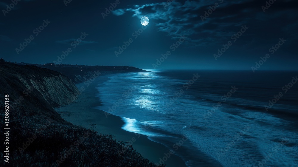 Fototapeta premium Serene night scene, ocean waves meet a cliff under a full moon. Ideal for peaceful, tranquil themes, evokes calmness and serenity.