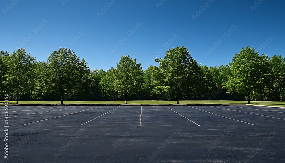 Empty asphalt parking lot with lush green trees and a clear blue sky. Empty asphalt parking lot with lush green trees and a clear blue sky.