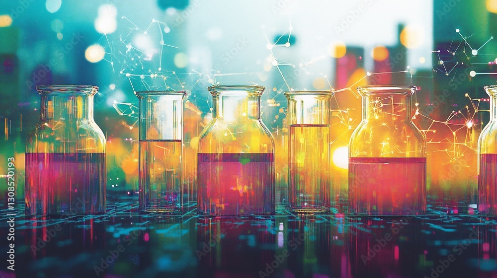 Cityscape backdrop, beakers filled with colorful liquids Cityscape backdrop, beakers filled with colorful liquids
