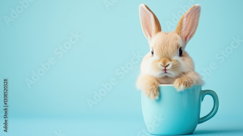 Cream bunny sitting in turquoise mug with copy space. Cute pet concept