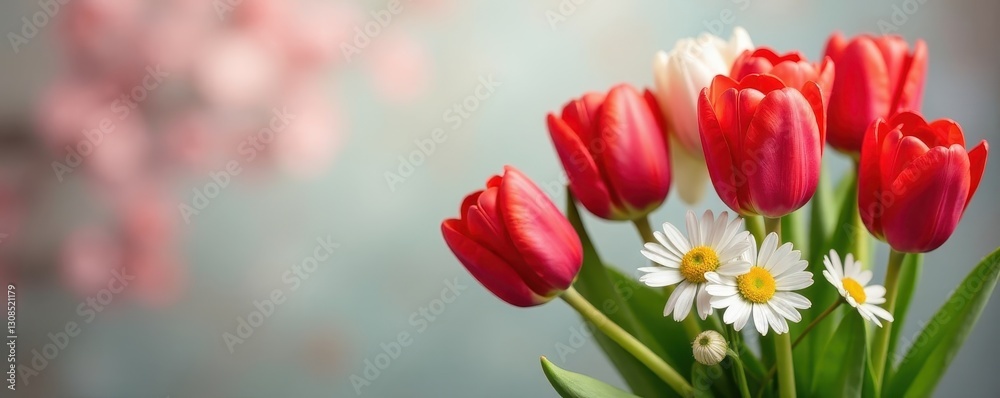 Fototapeta premium Elegant red & white tulip & daisy arrangement, soft focus floral backdrop , white daisies, floral wallpaper