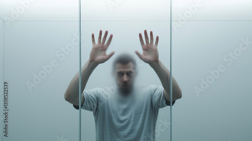 Restrained Reflection: A man trapped behind frosted glass, hands pressed against the surface, evokes feelings of isolation and confinement, offering a poignant and introspective visual metaphor. photo