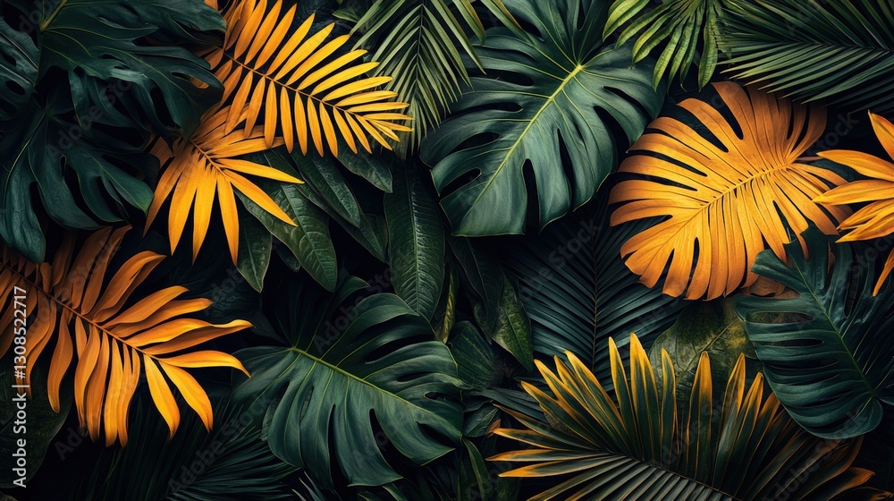 Naklejka premium A close-up of tropical leaves showcasing their rich green color and unique textures in nature