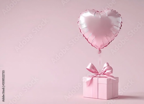A pink heart hovers over a gift box, decorated with red ribbons and scattered hearts, all against a gentle pink backdrop. A romantic, 3D-rendered Valentine's Day scene