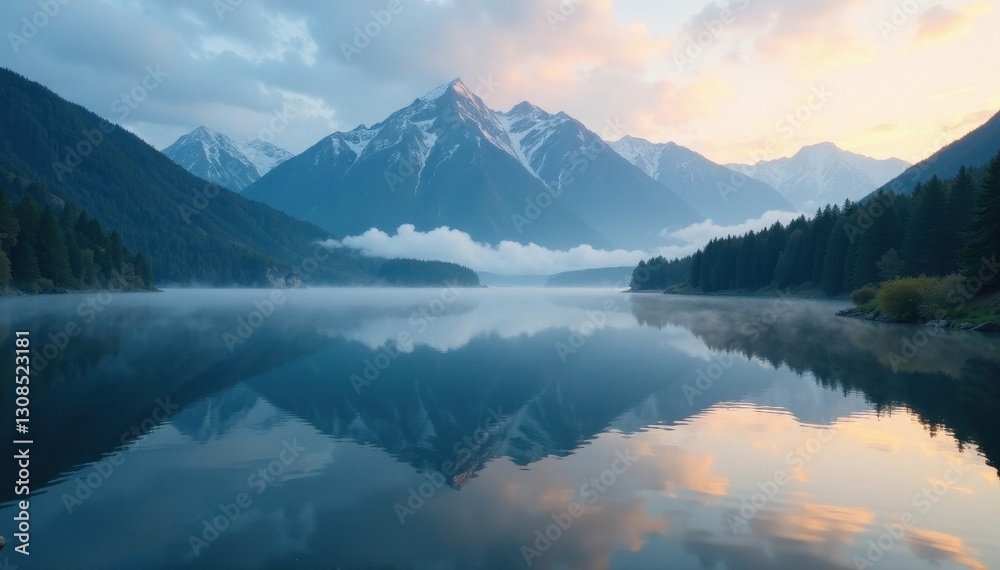 Serene mountain lake at dawn, mist clinging to calm water, reflecting blue sky , lake, nature Serene mountain lake at dawn, mist clinging to calm water, reflecting blue sky , lake, nature