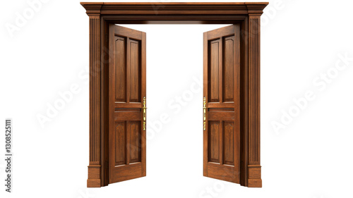 Elegant open double wooden door with transparent background