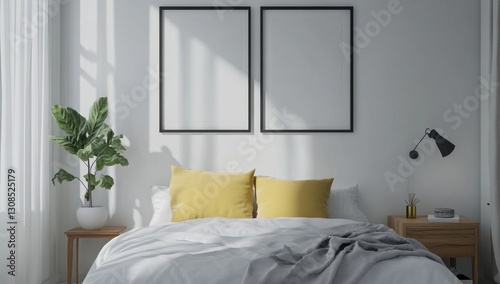 Modern bedroom interior with two blank frames, showcasing a bed with yellow pillows and natural light.